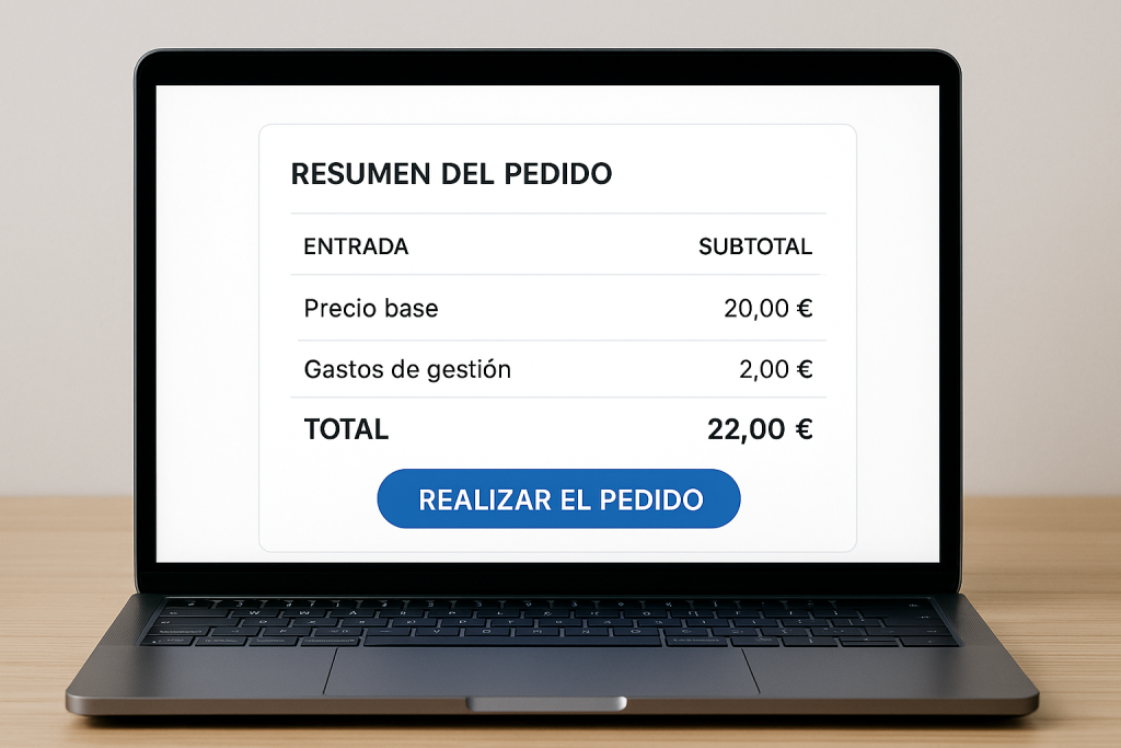 Resumen de compra de entradas online con gastos de gestión incluidos desde el inicio del proceso